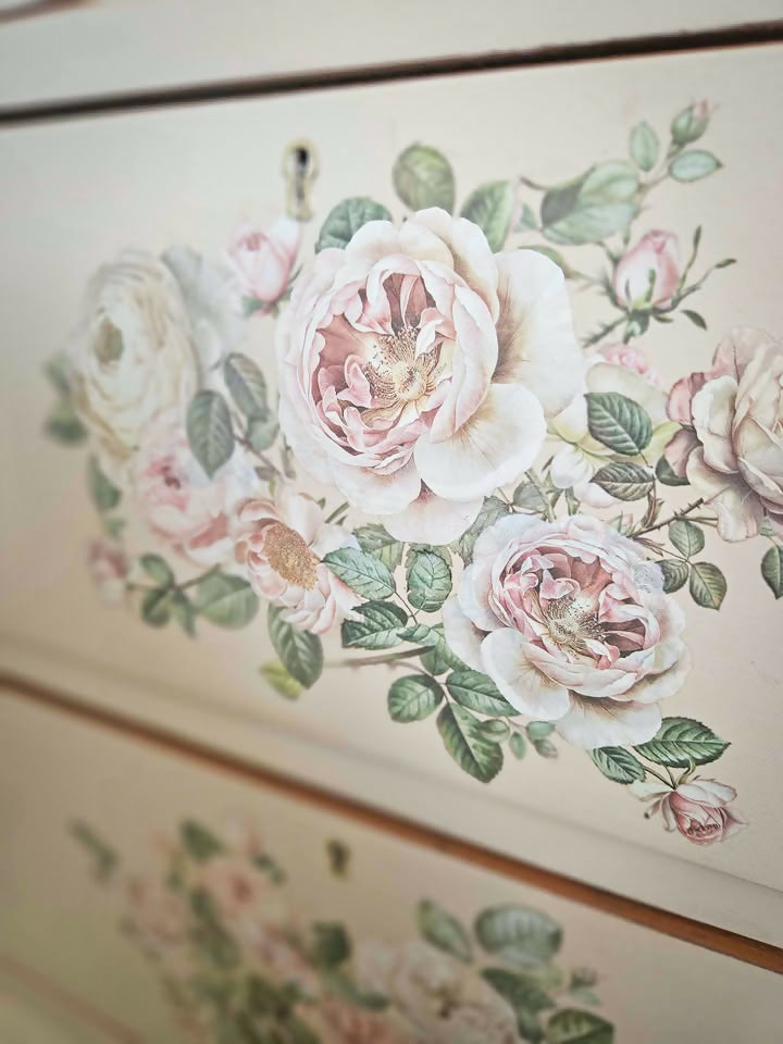 Large Upcycled wooden Chest of Drawers, with floral transfers and glass top