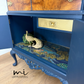 Navy blue Queen Anne cocktail cabinet, refurbished Art deco drinks cabinet, Sideboard walnut