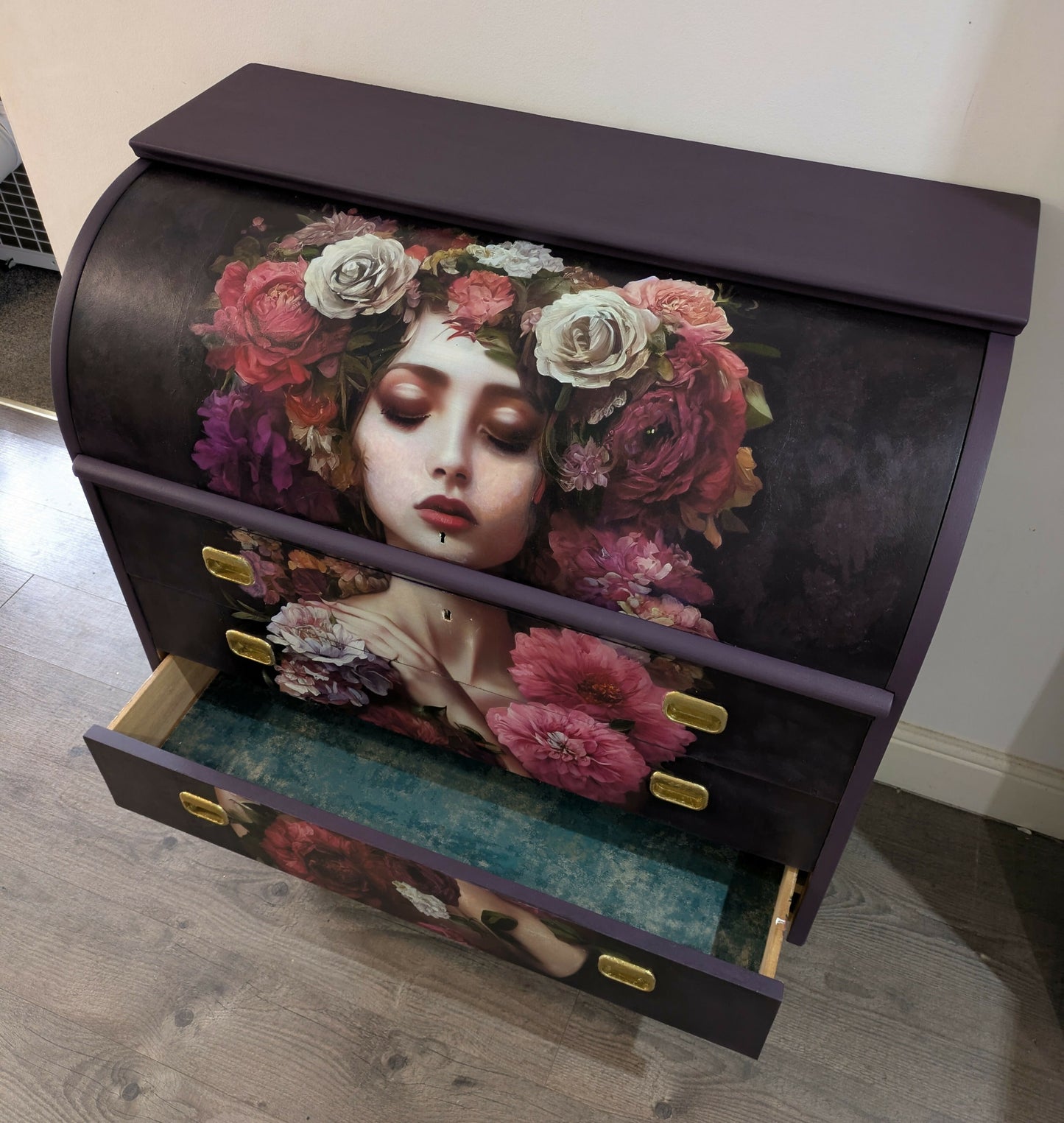 Hand‑Painted Egon Ostergaard Roll‑Top Bureau – Floral Portrait Art Furniture