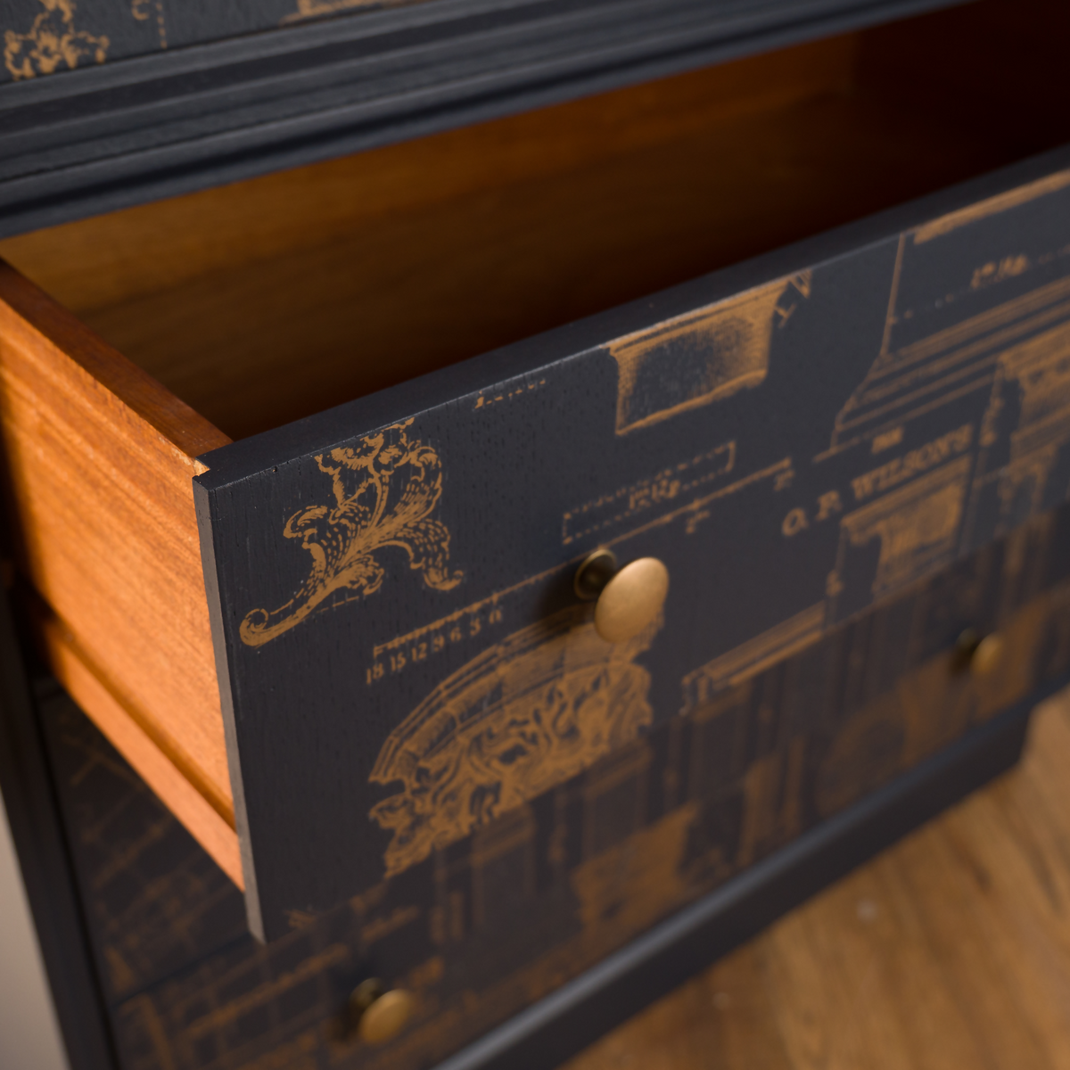 Meredew Chest of Drawers | Mid Century Modern Architectural Blueprint Tallboy Storage