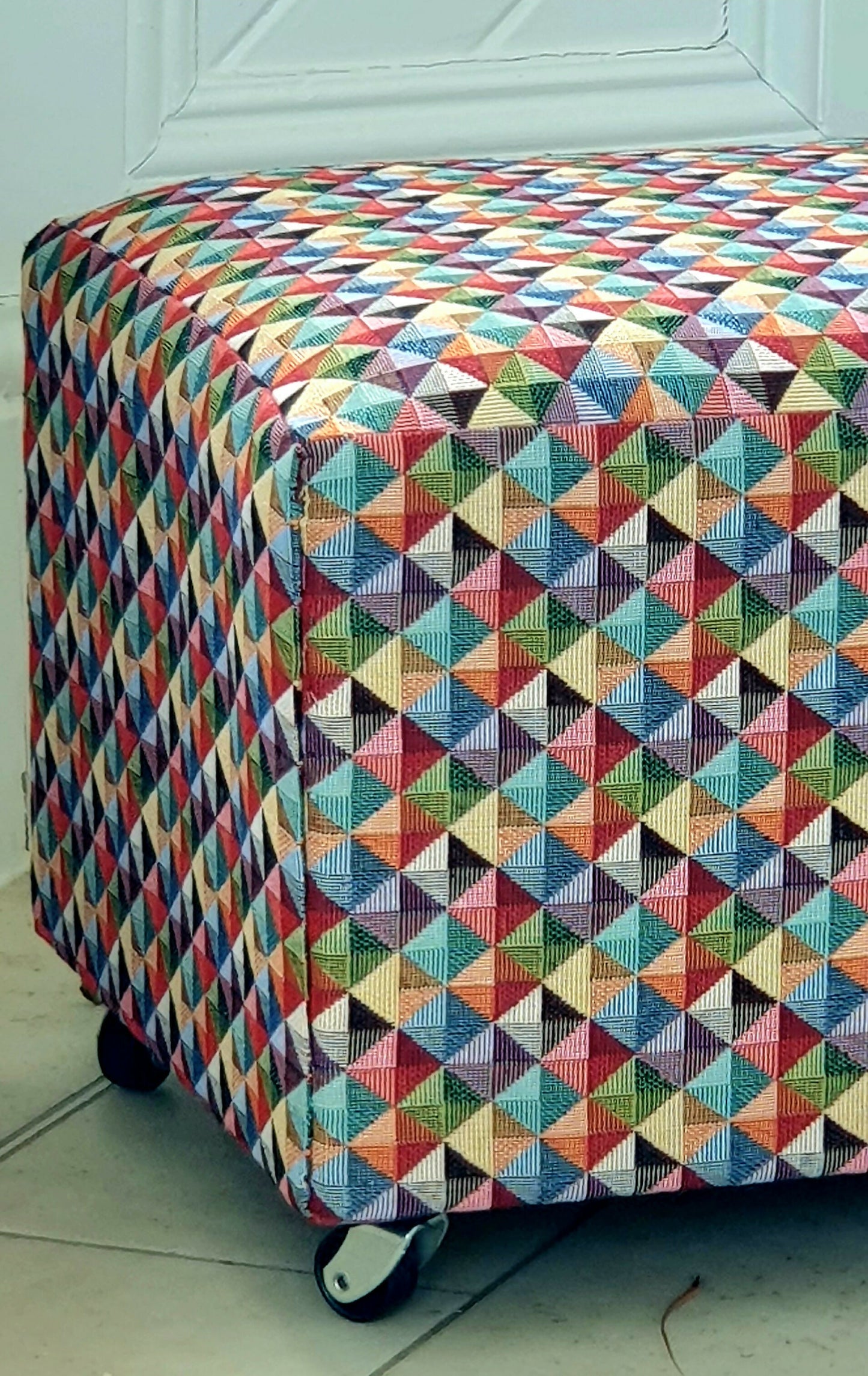 Footstool Pouffe Ottoman on castors Rescued, Restored & Reupholstered in a Modern, Geometric Fabric.