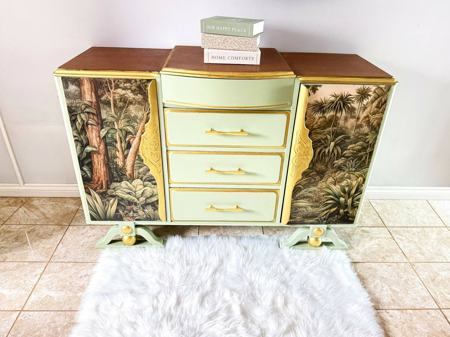 Upcycled French Provincial Cabinet in Sage Green and Tropical Jungle ,Upcycled Statement Furniture