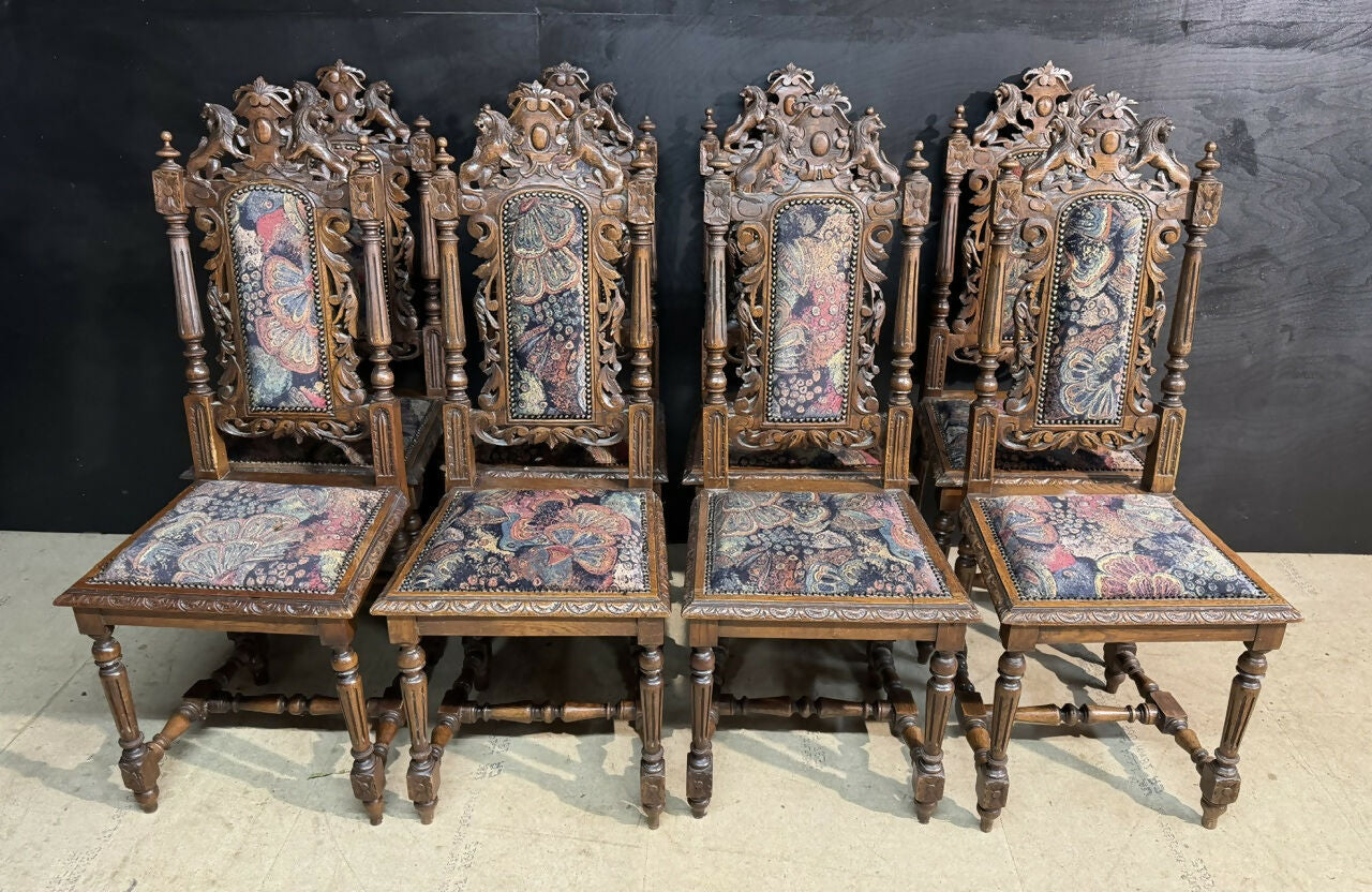 Set 8 French Carved Oak Dining Chairs