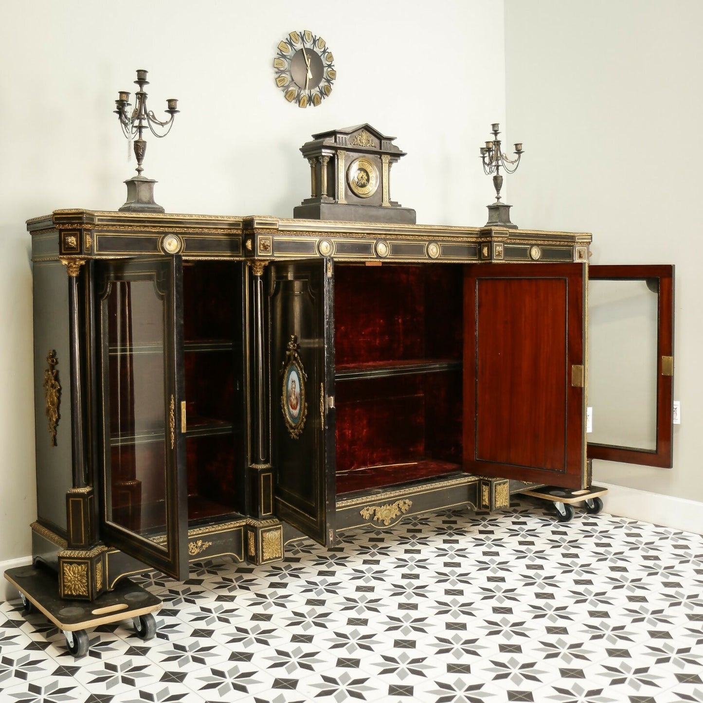 Antique Ebonised Black and Gilt Brass Credenza 19th Century with Porcelain Plaques