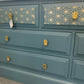 Large Chest Of Drawers Painted Bespoke Stencilled Upcycled Blue Gold Geometric