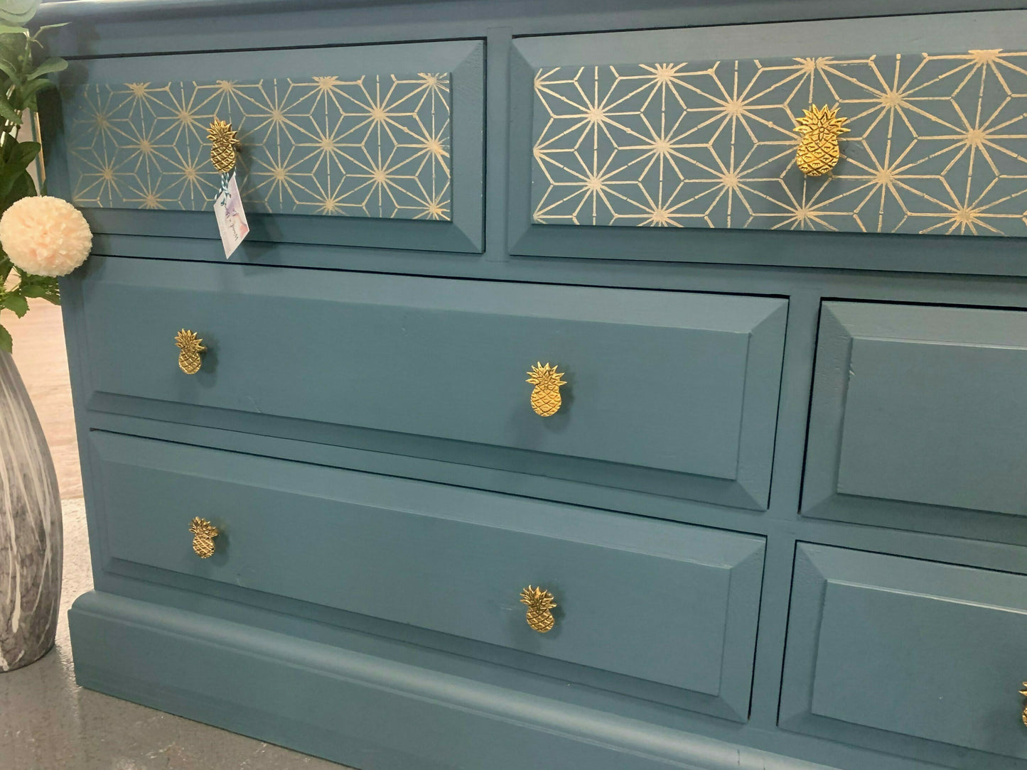 Large Chest Of Drawers Painted Bespoke Stencilled Upcycled Blue Gold Geometric