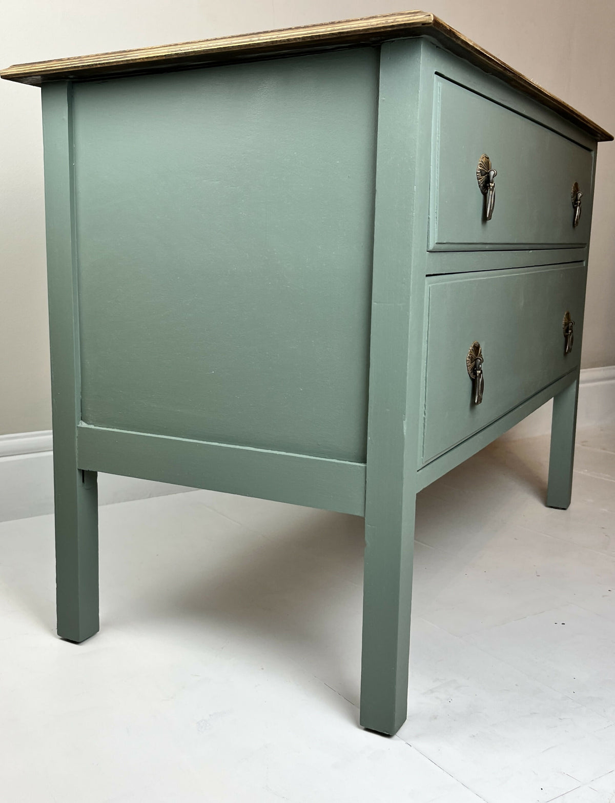 Vintage Chest of Drawers Stripped Oak Top Art Sage Green Upcycled Compact Size