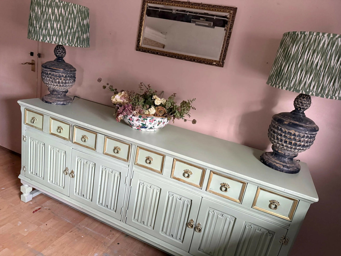 Sage Green Upcycled Sideboard, Gold Accents, Sustainable Decor