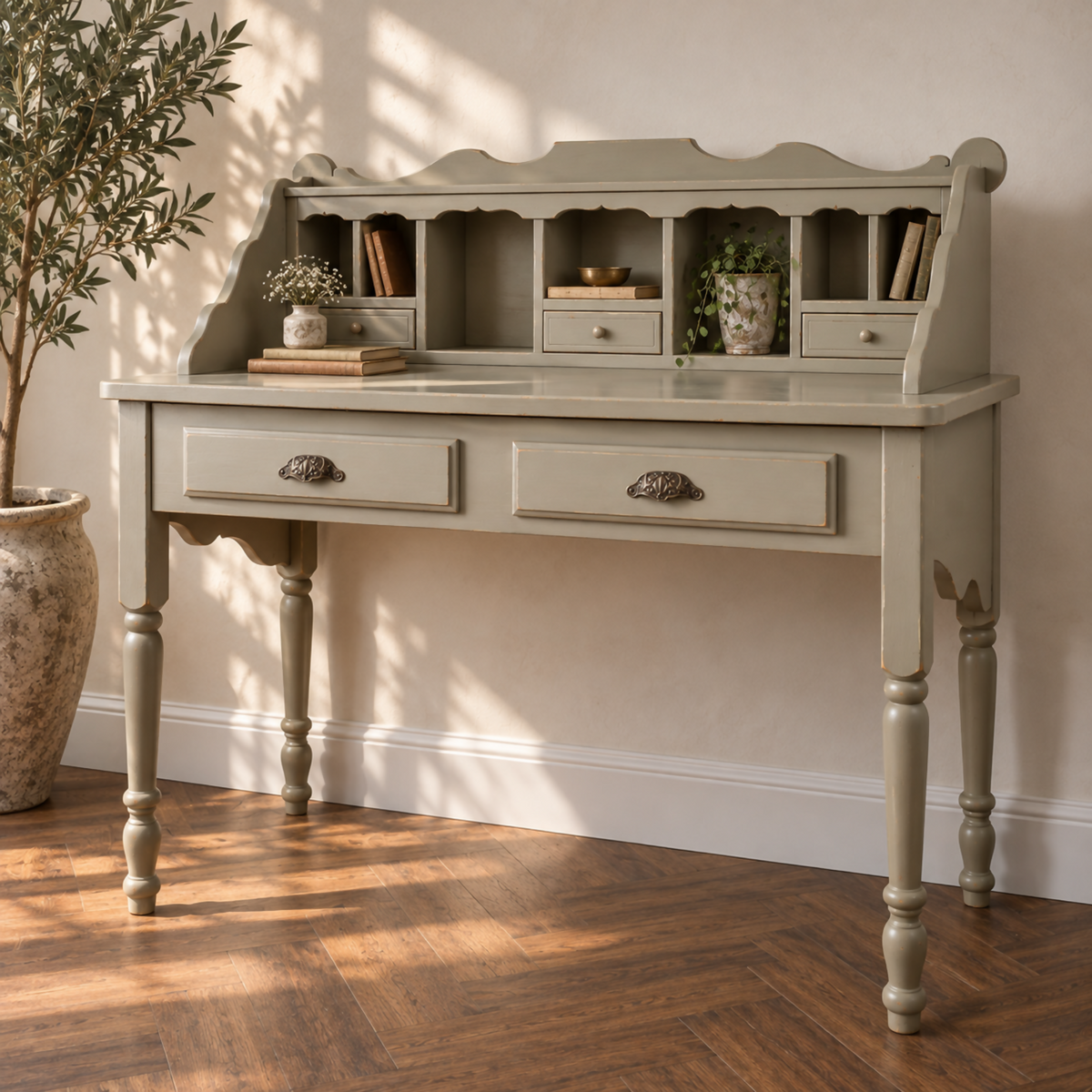 Upcycled French Country Writing Desk, Dried Sage Finish, Pigeonhole Storage