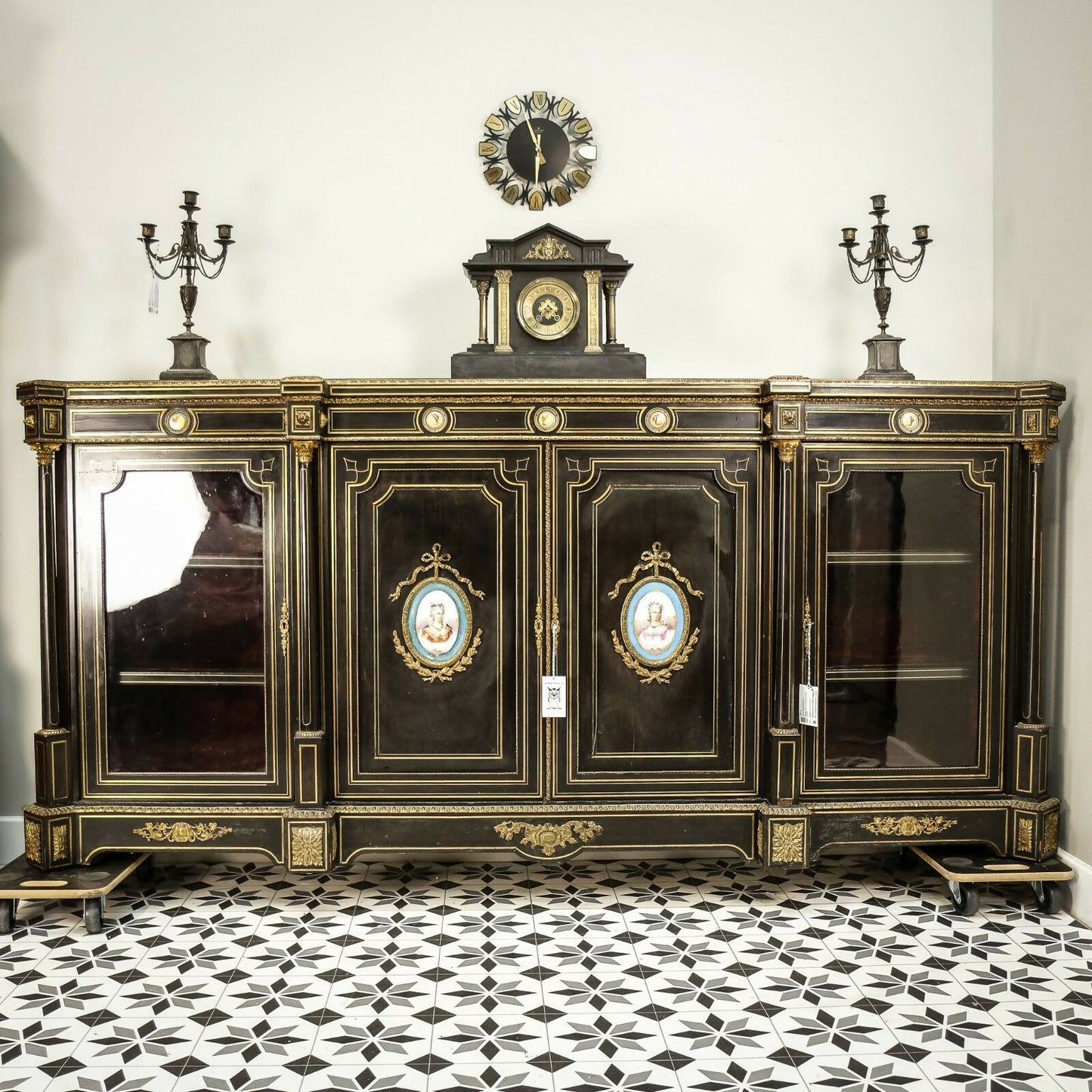 Antique Ebonised Black and Gilt Brass Credenza 19th Century with Porcelain Plaques