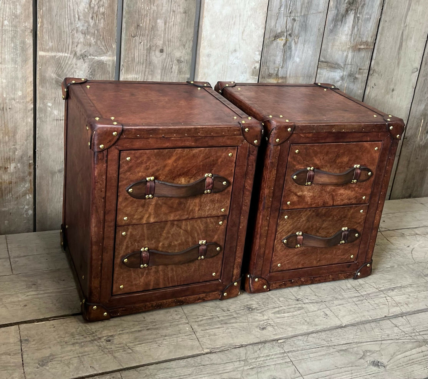 Bespoke English vintage bedside cabinets - custom wood framed - luxury hand dyed leather nightstands