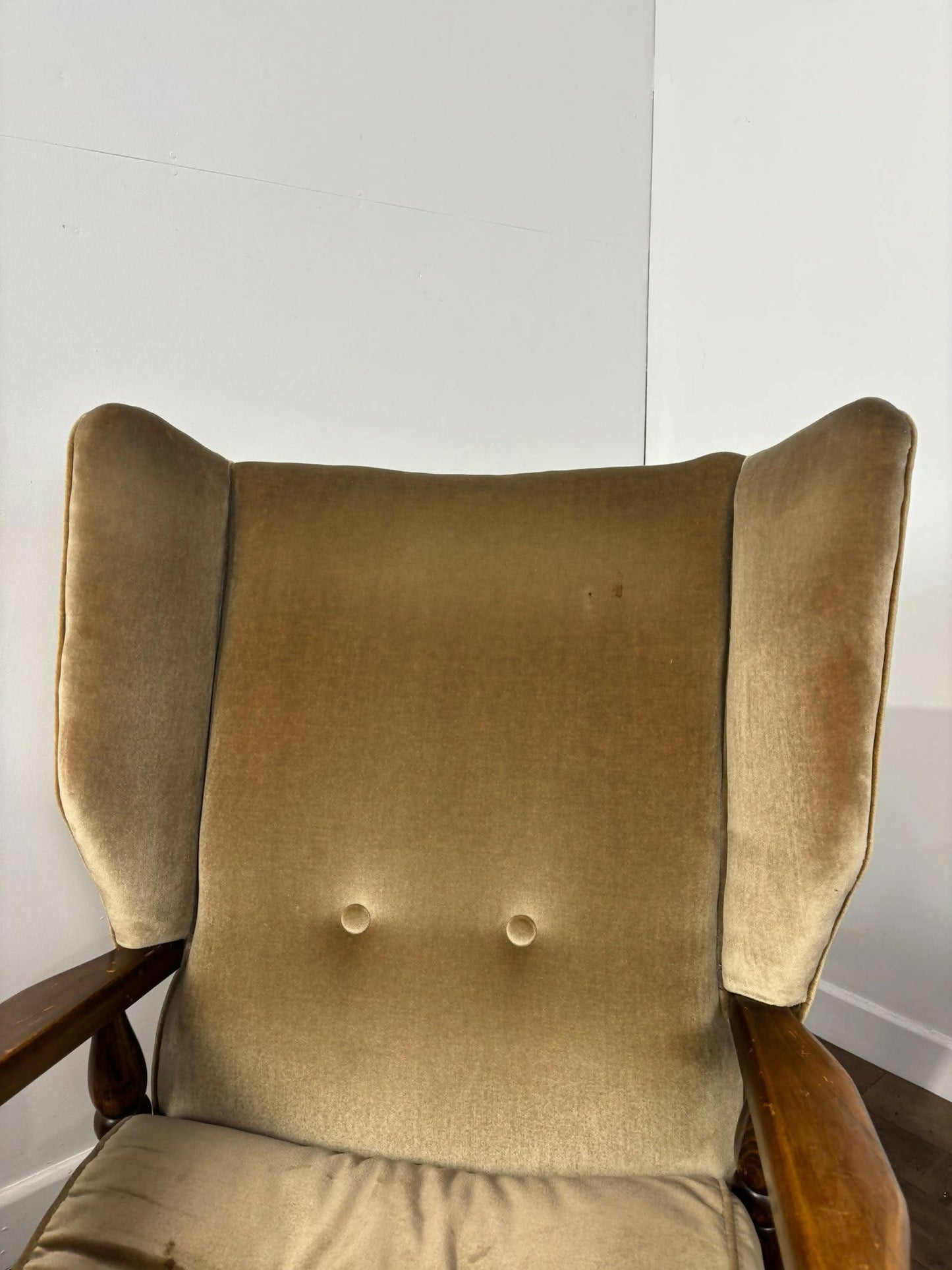 Vintage Pair Of Oak Framed Wing Back Armchairs