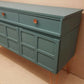 Painted Upcycled Teak Nathan Midcentury Sideboard. Grey Blue and Copper. Copper Pin Legs. Commission piece.