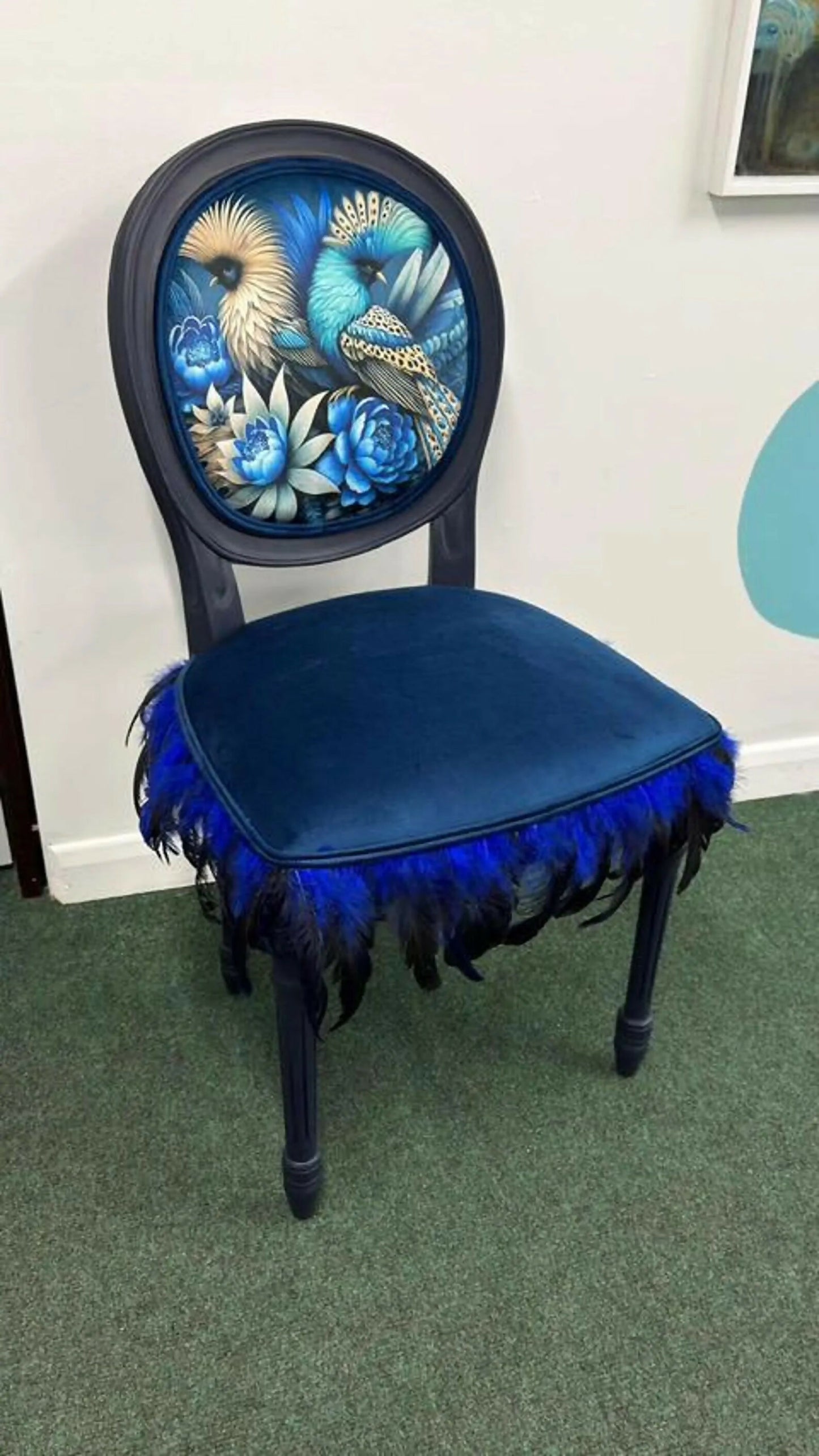 Bespoke Vintage Blue Bird Chair. One of a Kind Velvet and Feather Detailing. Artist Designed Chair