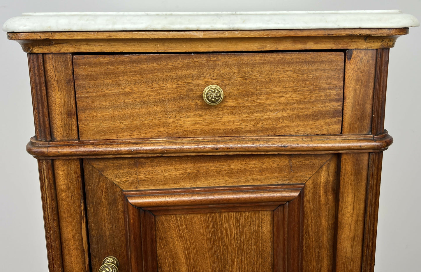 Bedside Table Antique French Style Marble Top Walnut Cabinet Nightstand LOT 6242