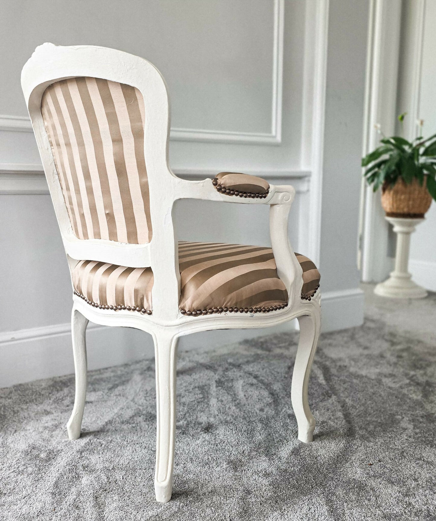 Louis XVl Newly Upholstered Accent Chair Silk Stripe Fabric, White Painted Frame