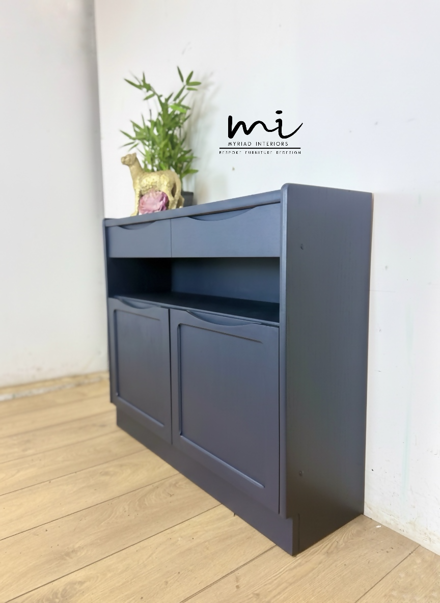 Navy Blue Nathan slim sideboard, retro hallway table, teak console, vintage, narrow, small drinks cabinet