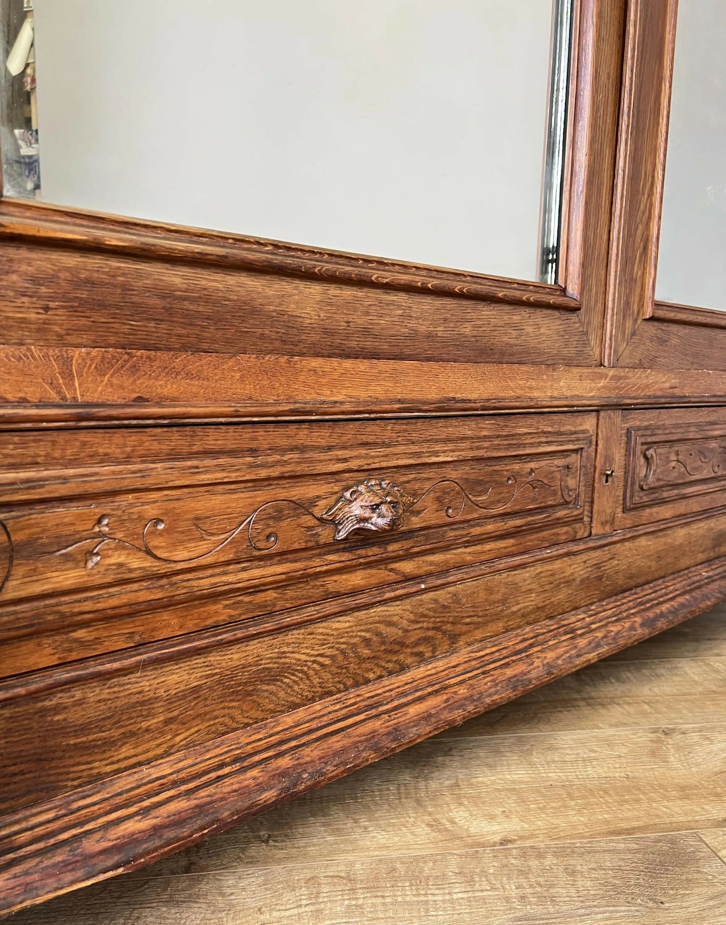 Vintage Wardrobe French Oak Two Door Mirrored Carved Armoire Cabinet LOT 6124
