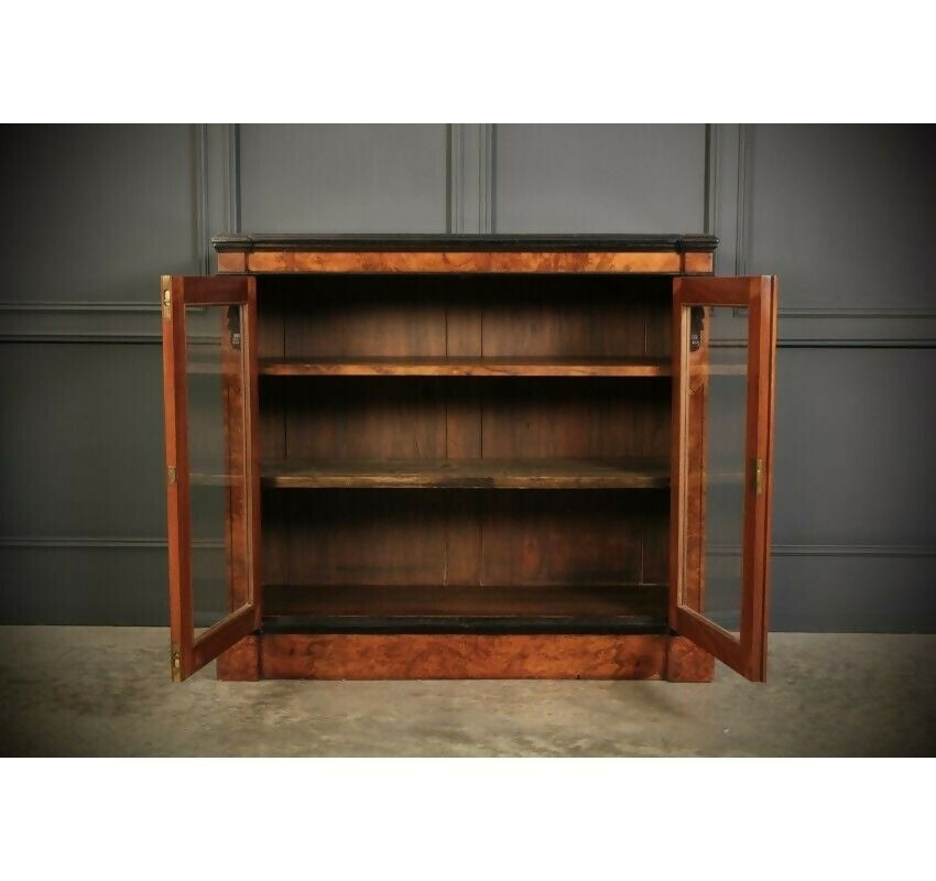 Vintage Victorian Glazed Figured Walnut Bookcase Display Cabinet
