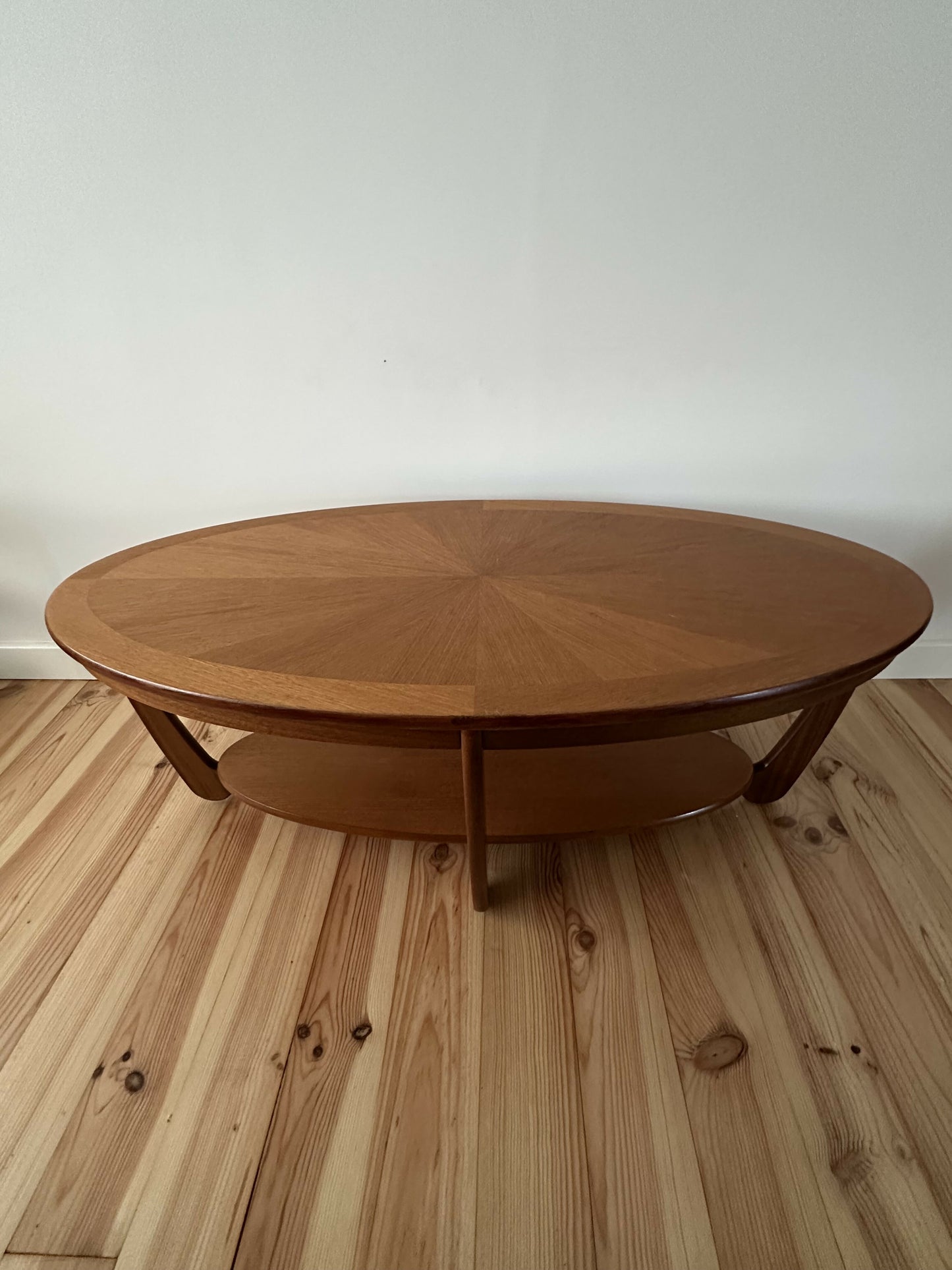 Mid Century Teak Coffee Table Nathan Oval Sunburst Top