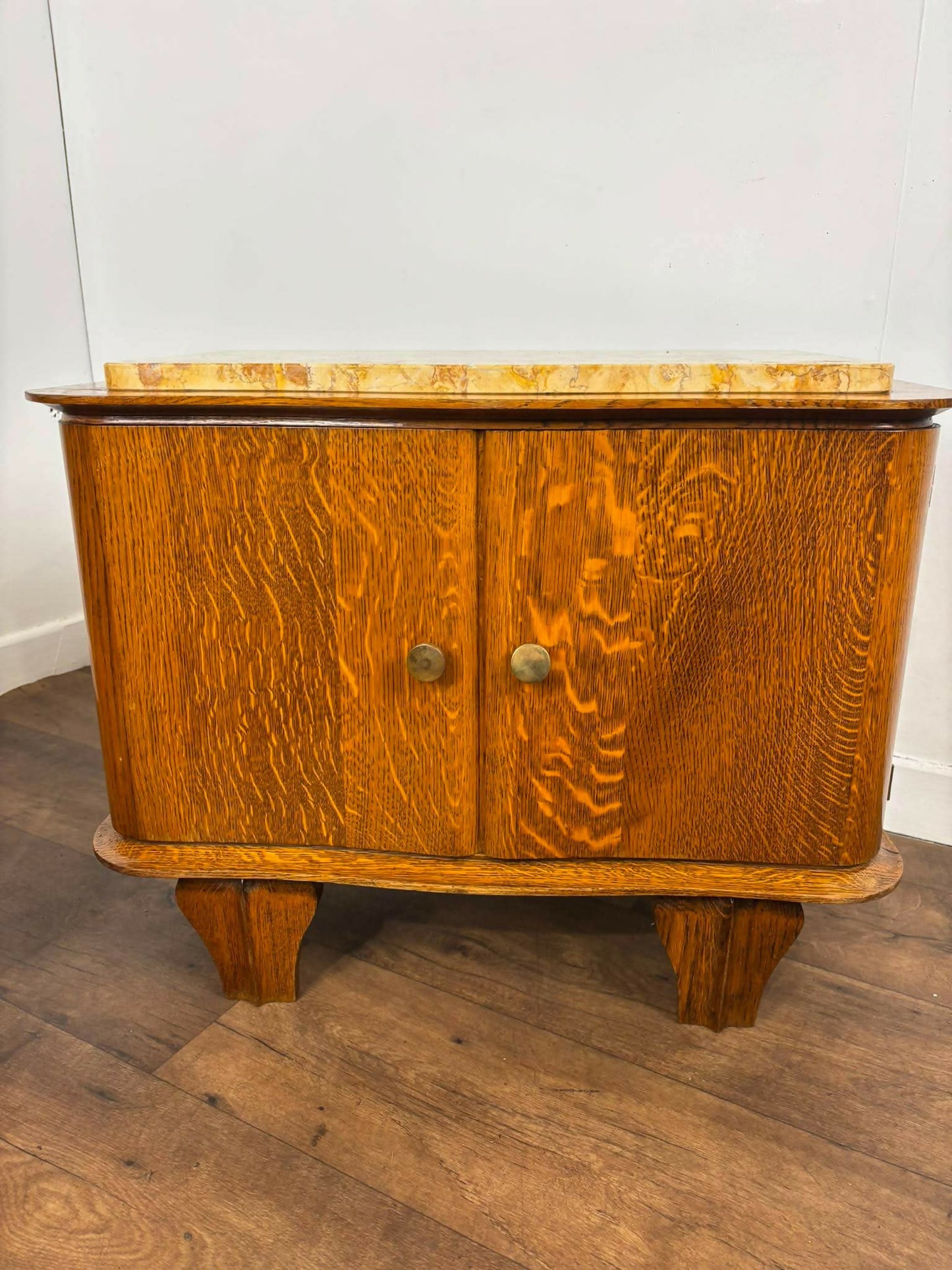 Pair of French Art Deco Oak Bedside Cabinets with Marble Tops