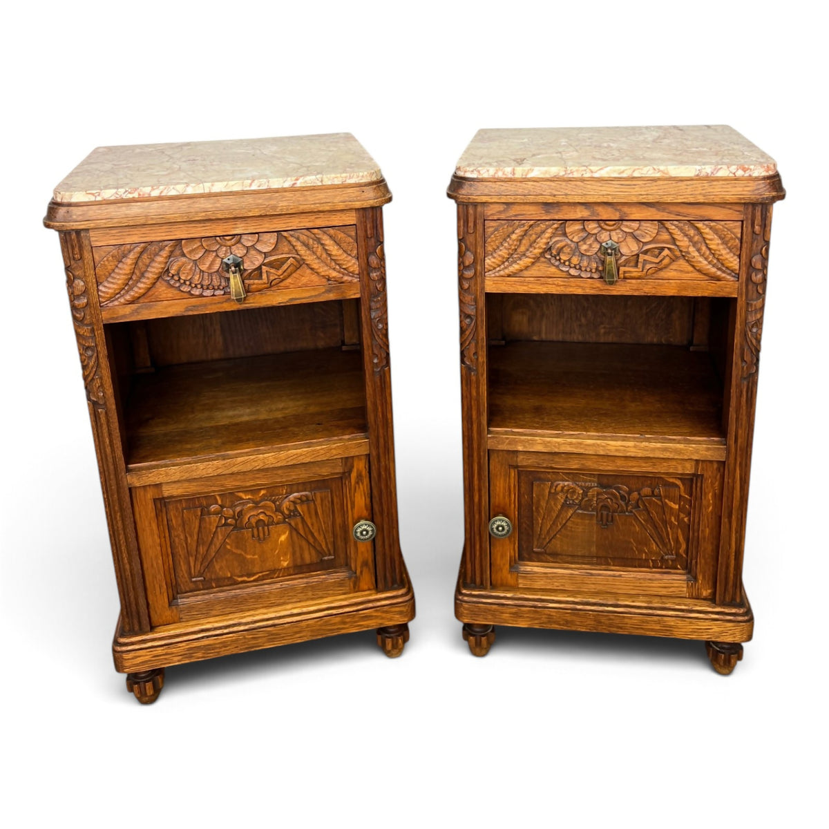 Pair of Bedside Tables Antique French Oak Carved Marble Top Cabinets LOT 6603