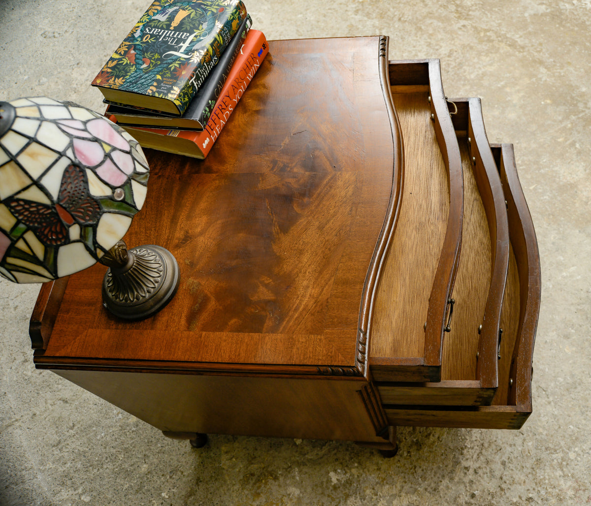 Small Burr Walnut Serpentine Chest of Drawers / Bedside Table - Queen Anne Legs