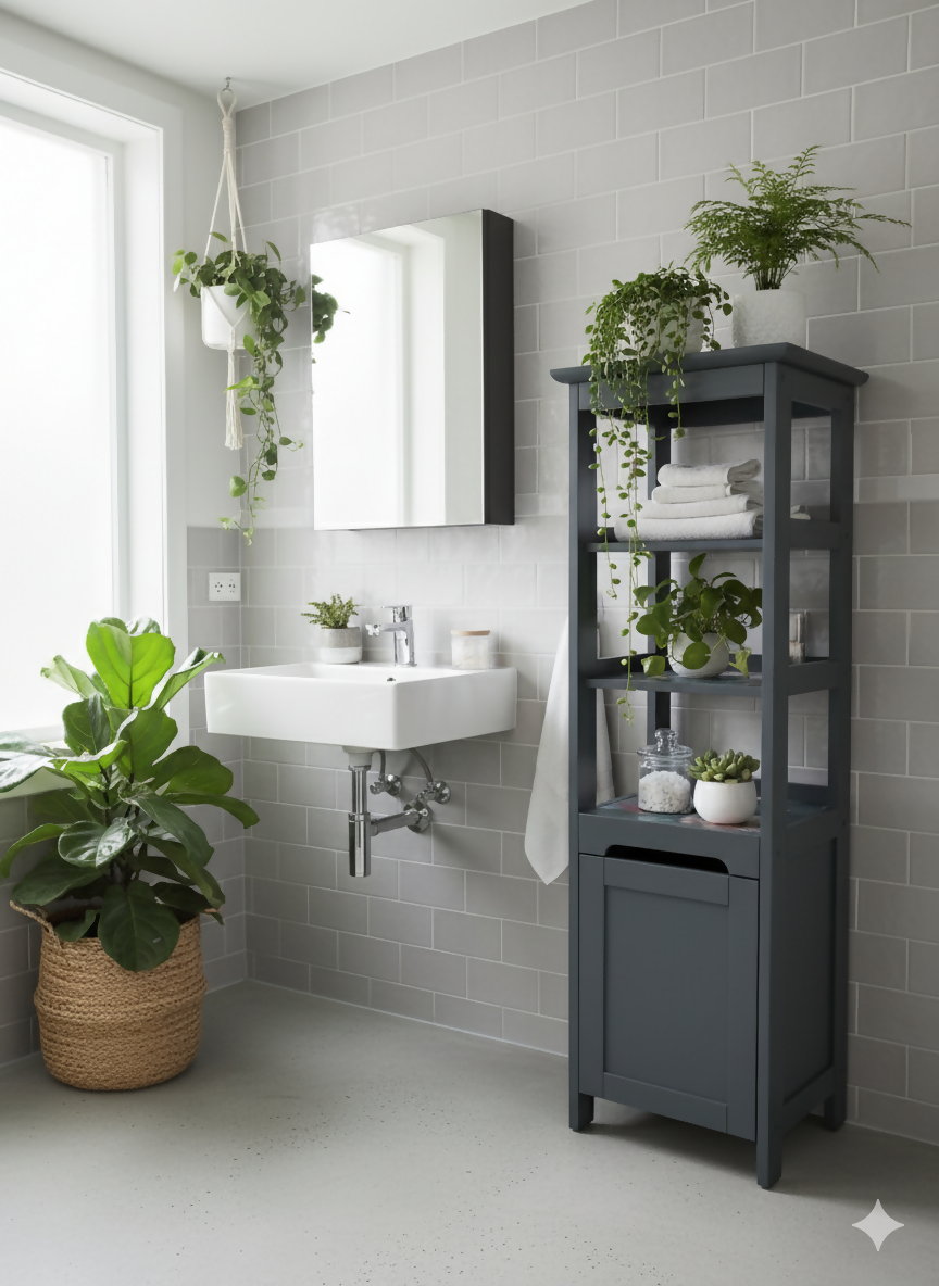 Dark green tall shelves and storage