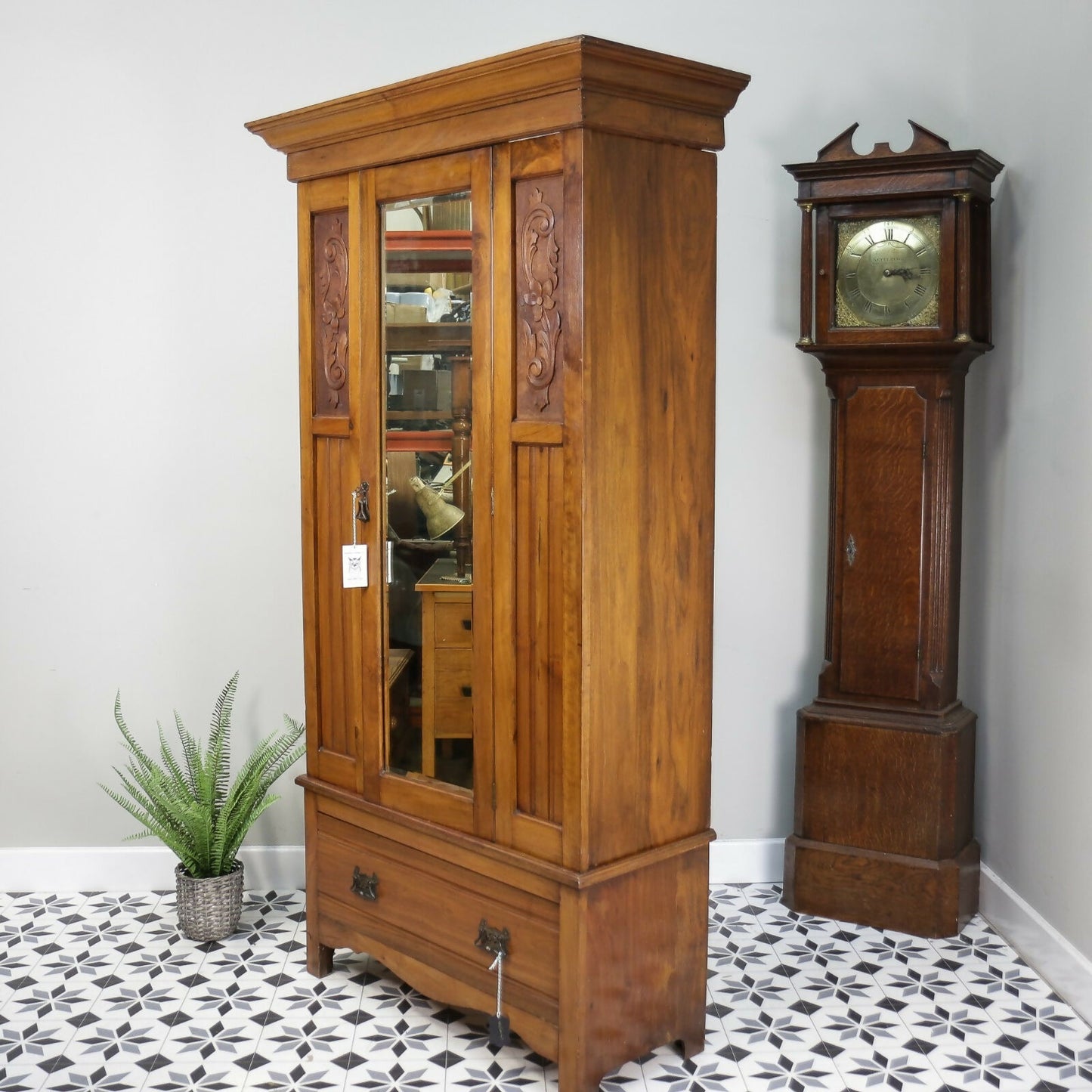 Edwardian Walnut and Carved Mahogany Wardrobe with Bevel Edged Mirrors & Drawer