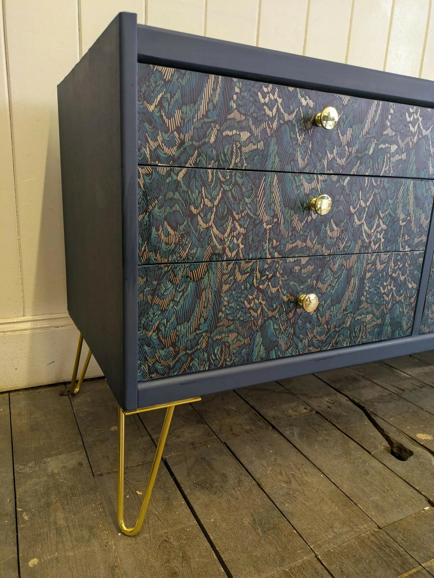 G Plan Midcentury Sideboard TV Unit Cocktail Cabinet. Upcycled Painted Blue,Teal Gold Living Room Furniture