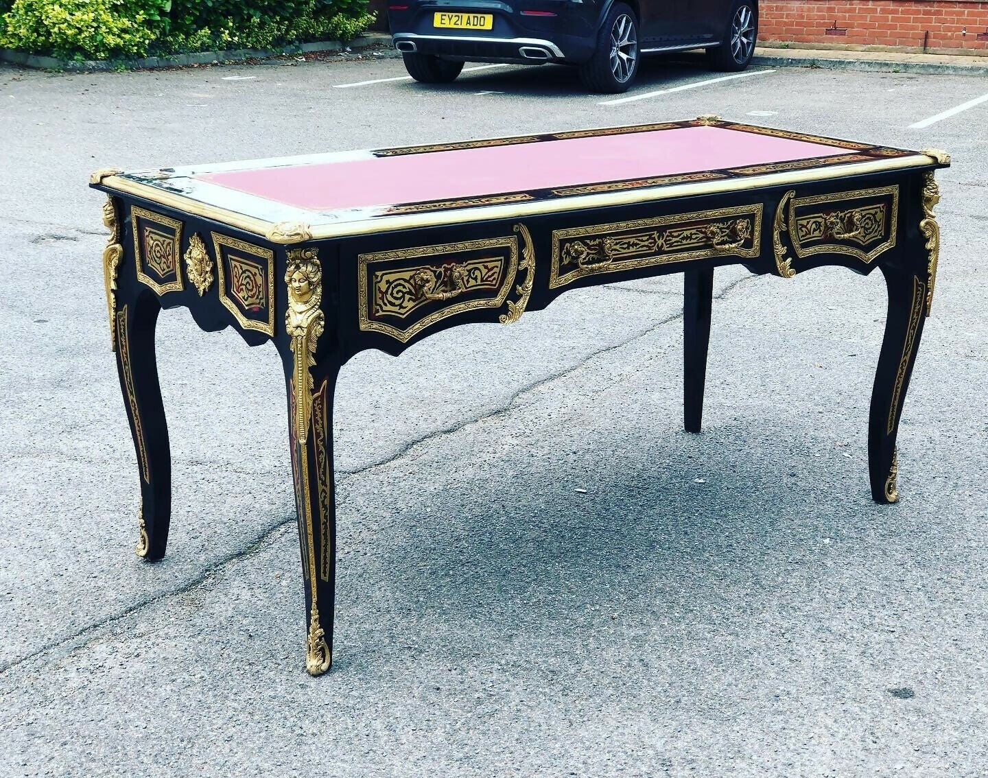 Large & Impressive French Empire Style Boulle Desk With Brass Decoration.