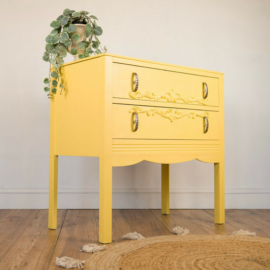 Vintage Yellow Chest of Drawers with Ornate Detailing