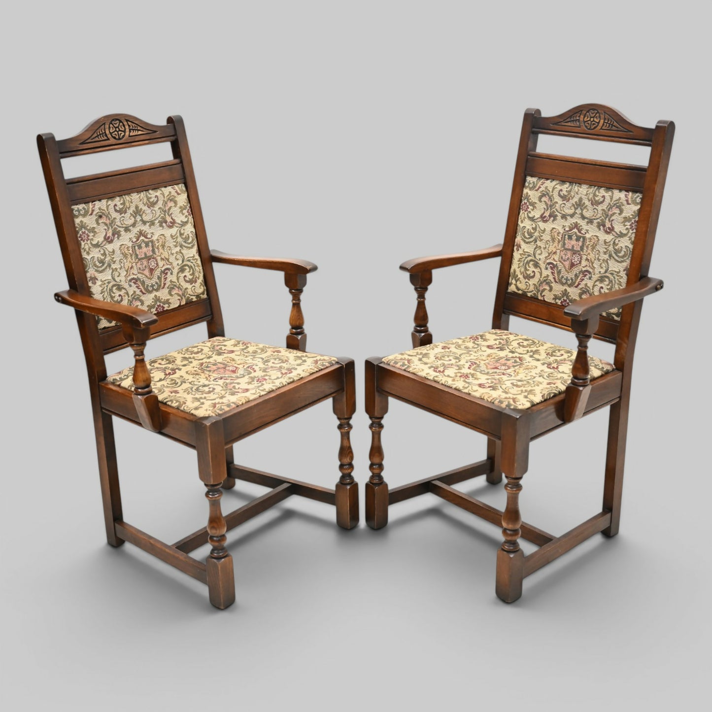 2 Old Charm Dining Chairs Carvers Light Oak Finish Tudor Fabric FREE UK Delivery