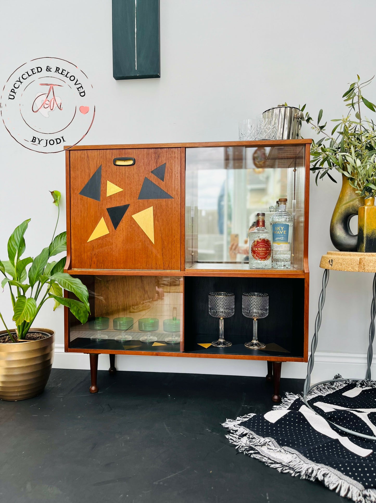 MCM Cocktail drinks cabinet in black and gold geometric retro pattern