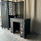 Small Vintage Desk Painted Black & Decoupaged Oriental Theme Twin Pedestal Desk