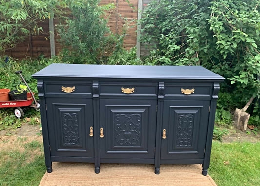 Newly refurbished antique sideboard solid wood carved Edwardian Victorian blue buffet