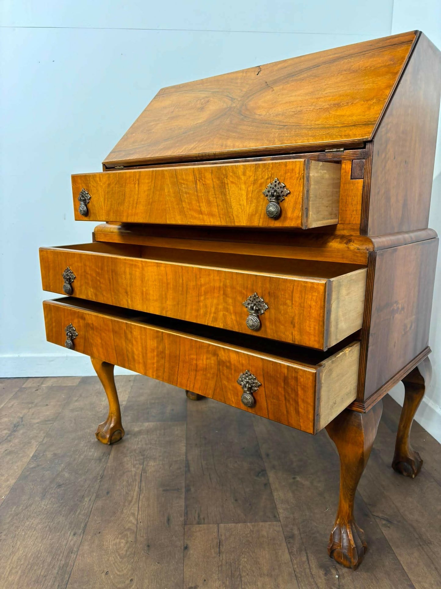 Vintage Walnut Veneer Waterfall Bureau on Claw & Ball Feet