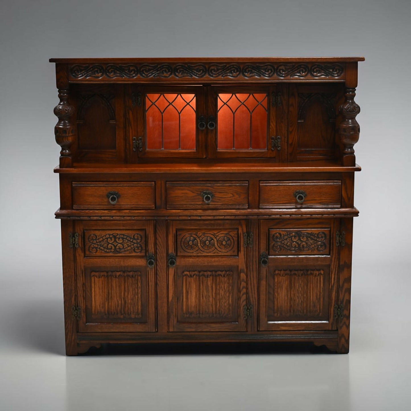 Old Charm Gothic Court Cupboard Buffett Sideboard Light Oak FREE UK Delivery.