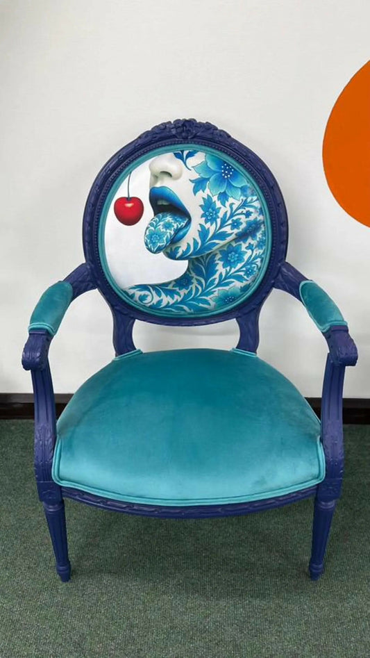 Blue Vintage Chair, Artist Design Bespoke Accent Chair, Statement Furniture