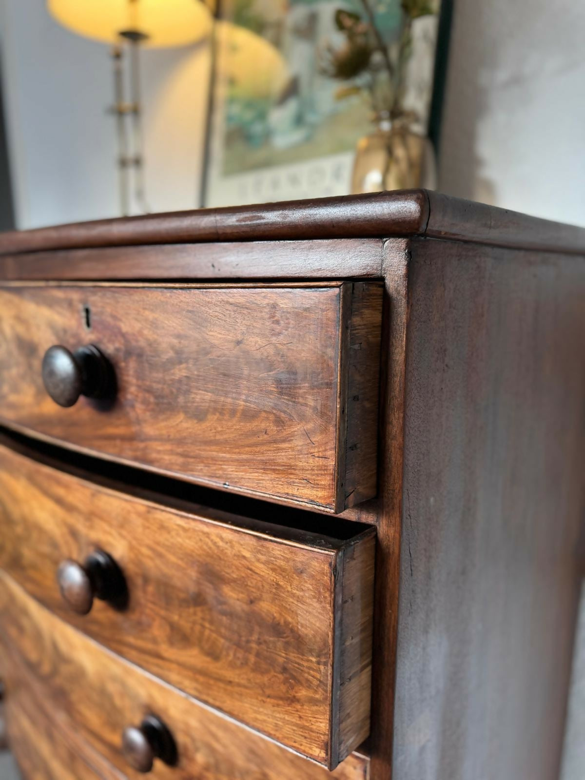 Antique Bow Front Flame Mahogany Chest of Drawers
