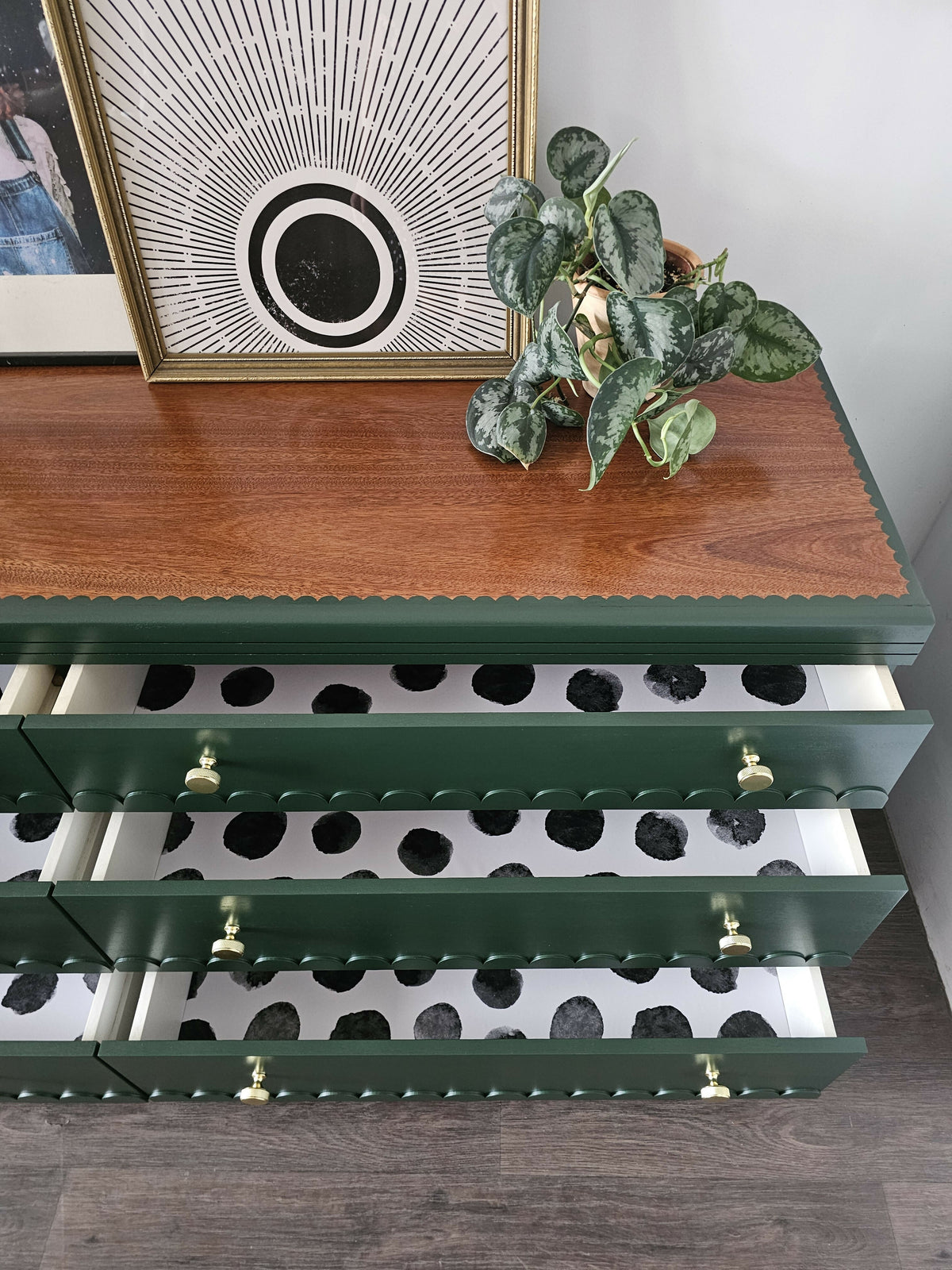 Large Vintage Dark Green Chest of Drawers with Scallops