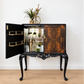 Refurbished Art Deco Burl Walnut Queen Anne Cocktail Cabinet in black and gold with cabriole legs, vintage drinks cabinet,