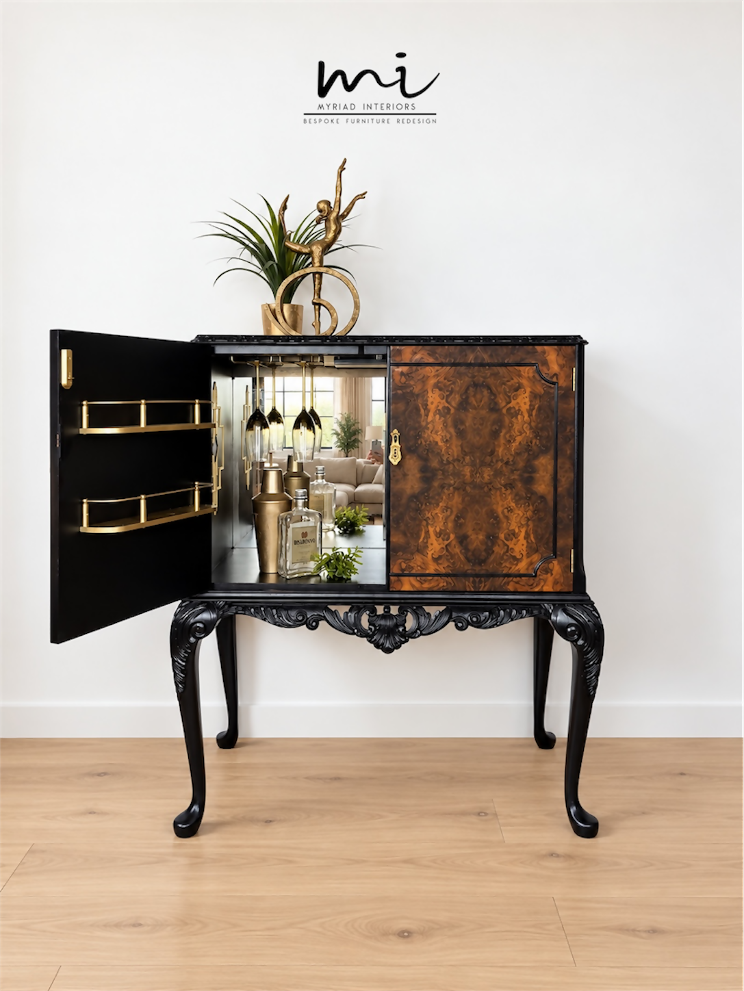 Refurbished Art Deco Burl Walnut Queen Anne Cocktail Cabinet in black and gold with cabriole legs, vintage drinks cabinet,