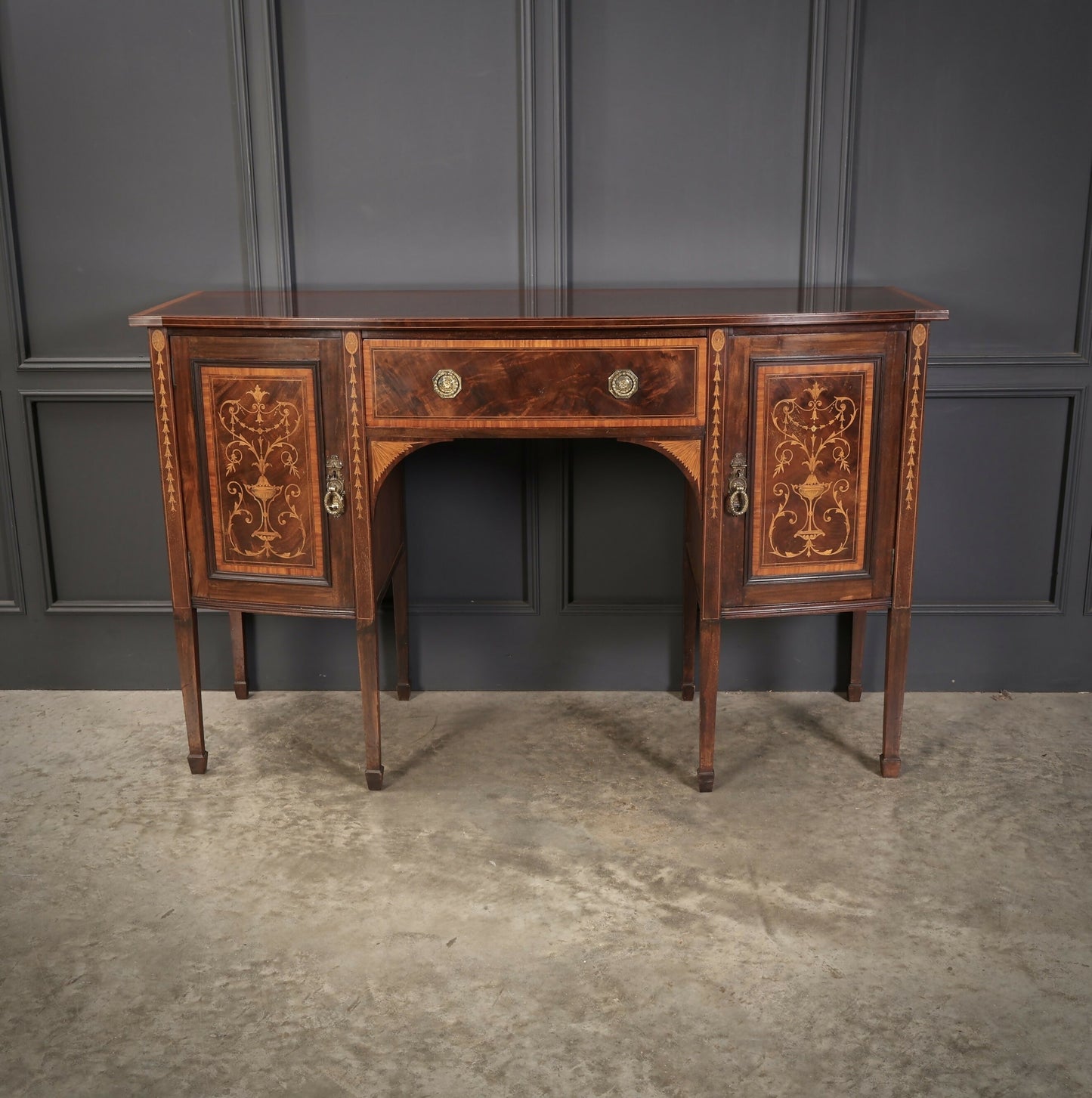 Marquetry Inlaid Mahogany Bow Front Antique Sideboard
