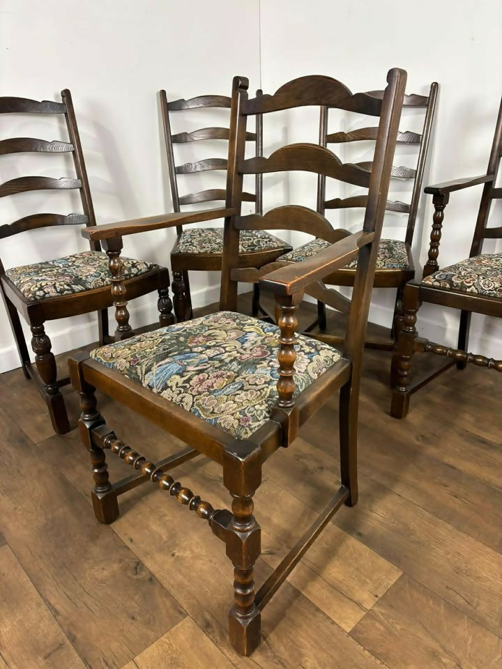 Vintage Set of Six Oak Ladder Back Dining Chairs – Including Two Carvers
