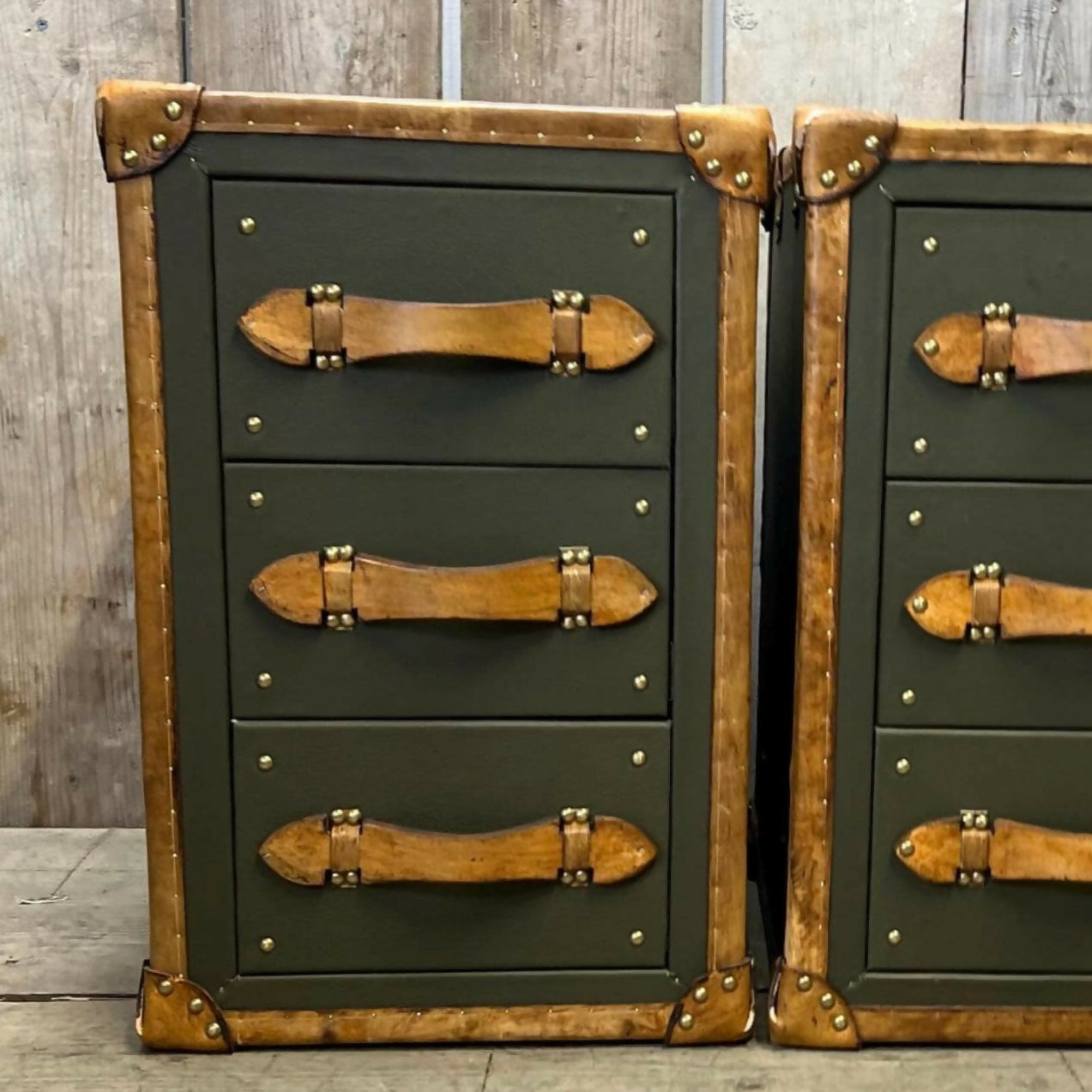 English luxury leather vintage nightstands | Olive green matching bedside tables | Hand dyed