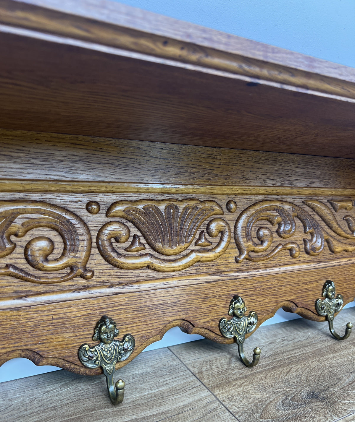 Coat Rack Vintage French Oak 6 Hooks Wall Shelf Carved Coat Hanger LOT 6551