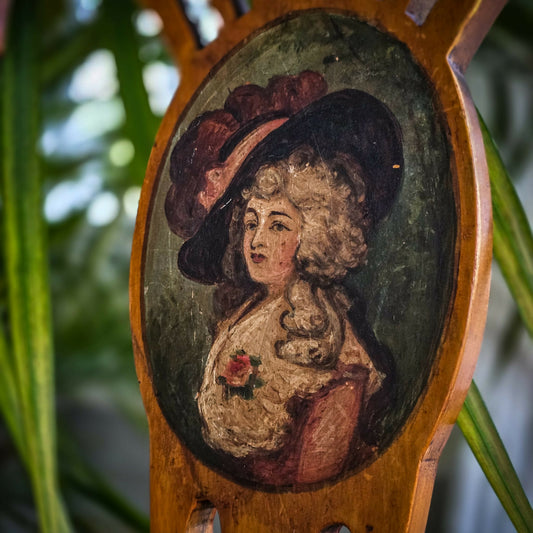 A George III-Style Satinwood Dining / Hall Chair With Hand Painted Portrait . Silk Fabric To Seat.