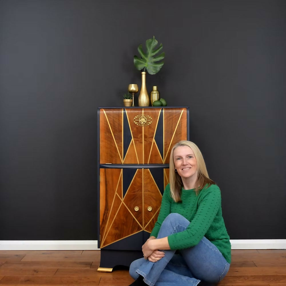 "Stellar", Art Deco Cocktail Cabinet,Burr Walnut, Navy and Gold Art Deco Style,