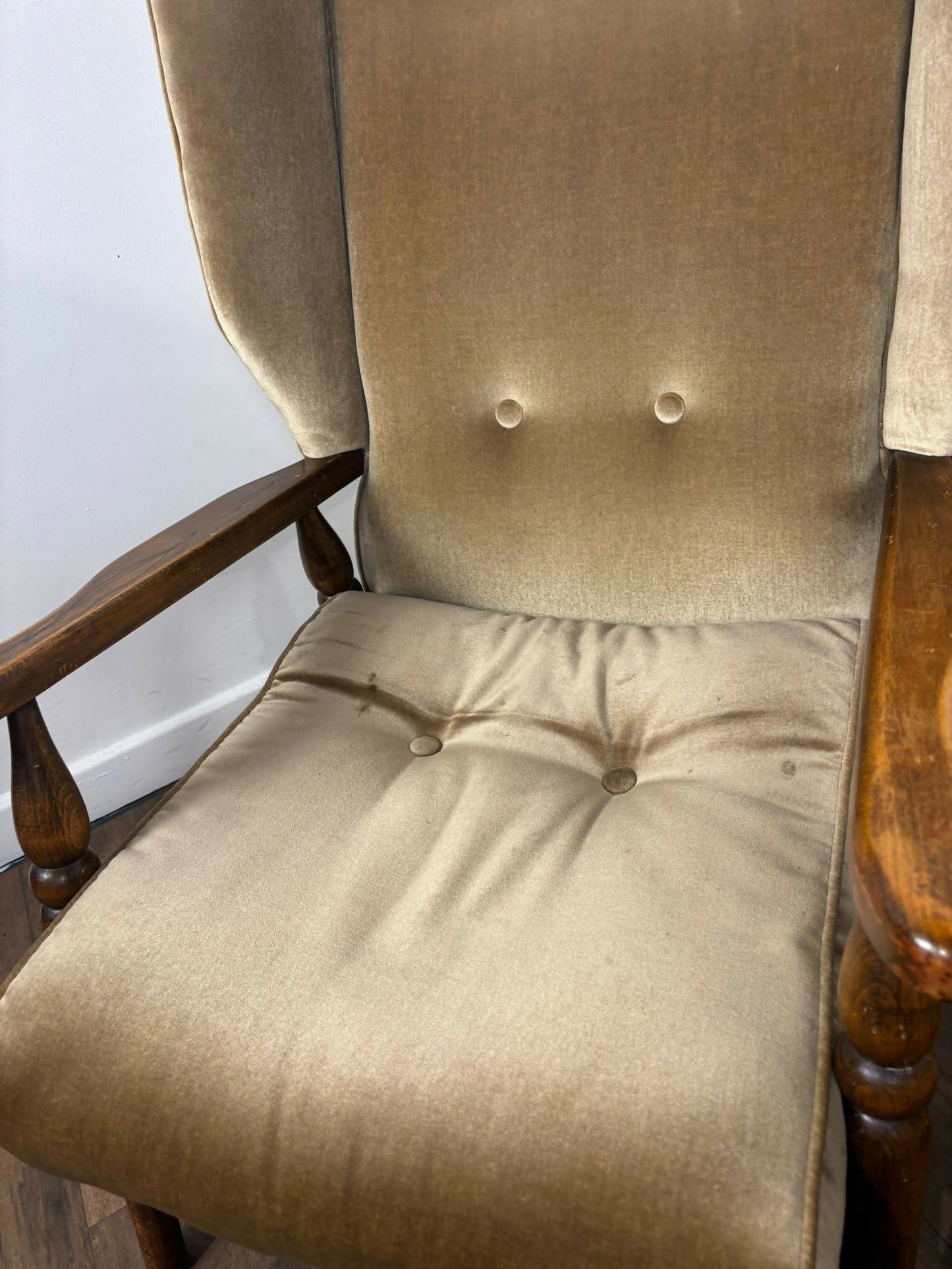 Vintage Pair Of Oak Framed Wing Back Armchairs
